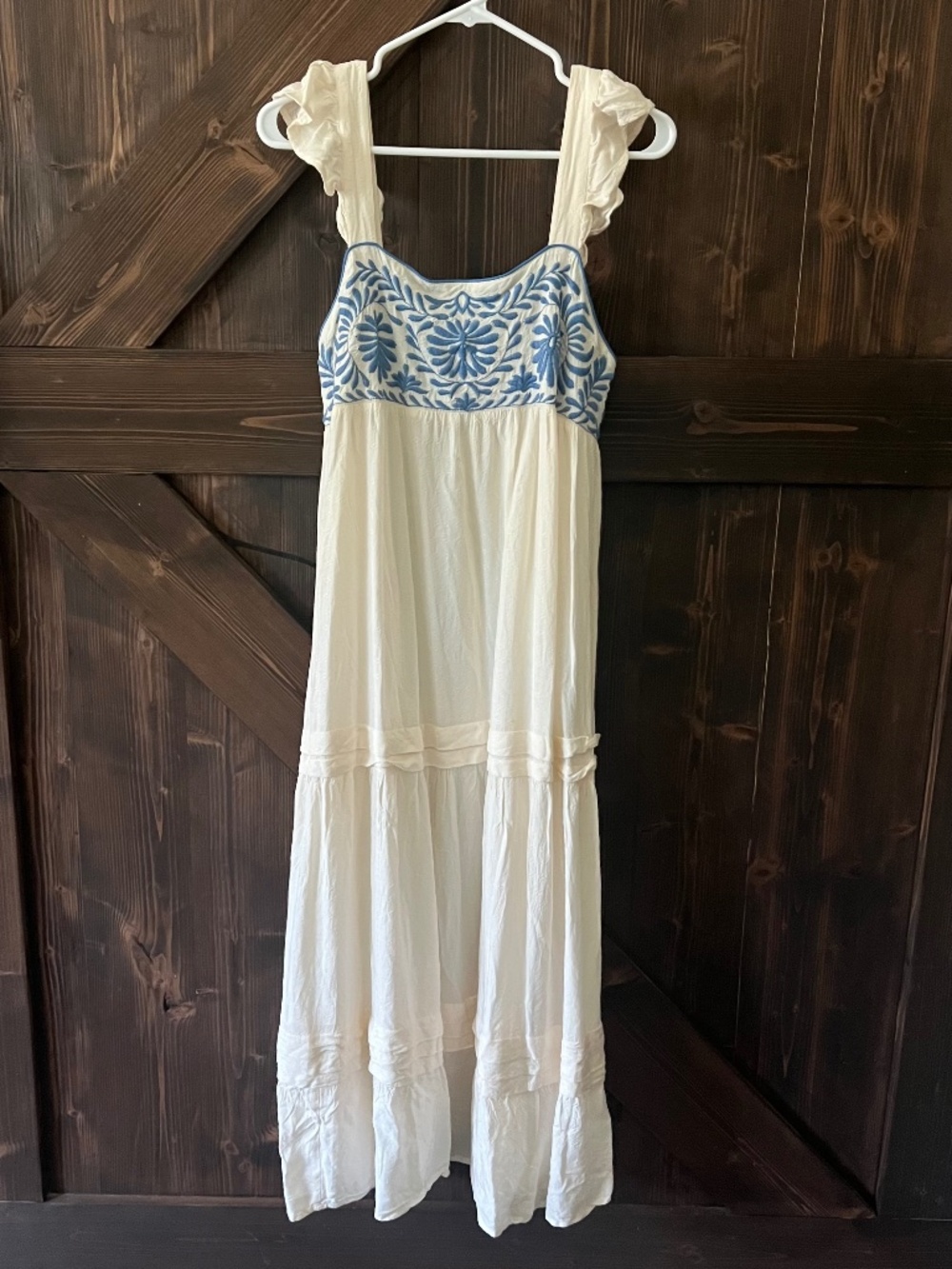 Land of the Free Blue & White Embroidered Boho Maxi Dress | Est. M